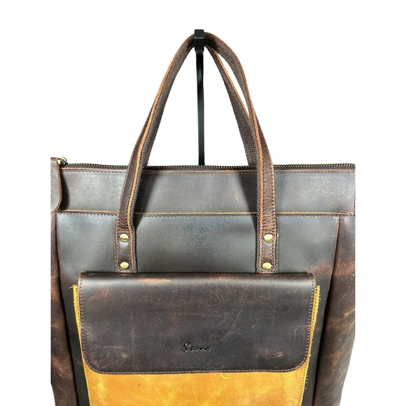 S-Zone Genuine Leather Backpack Tote Bag Brown Yellow Laptop Satchel Travel Work - Picture 5 of 16